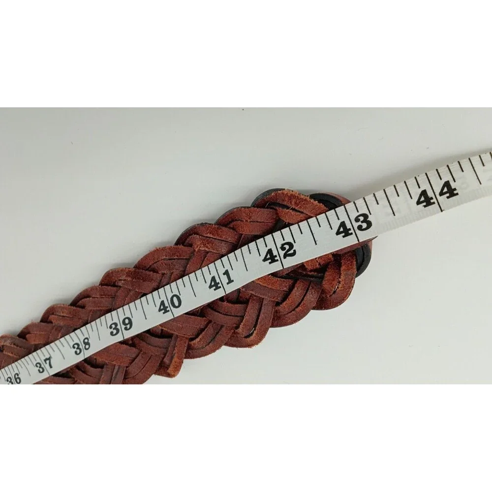 LOFT Woven Braided Leather Belt Brown Gold Circle Buckle Medium Boho Western